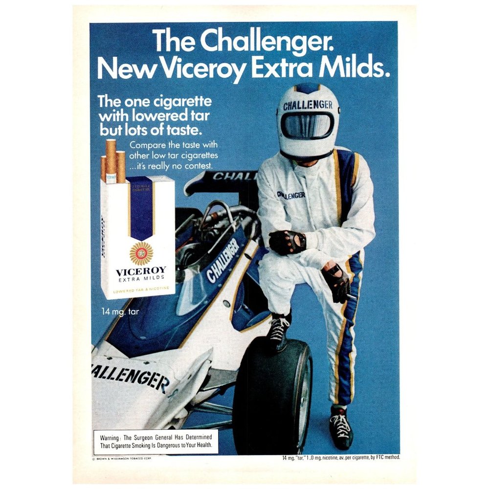 1974 Viceroy Cigarettes The Challenger Vintage Print Ad Race Car Racing Driver